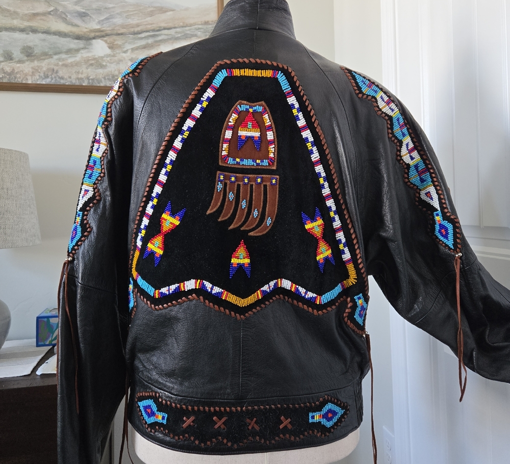 Vintage AUTURO Black Leather LAMB SKIN Jacket with Colorful Beaded Design